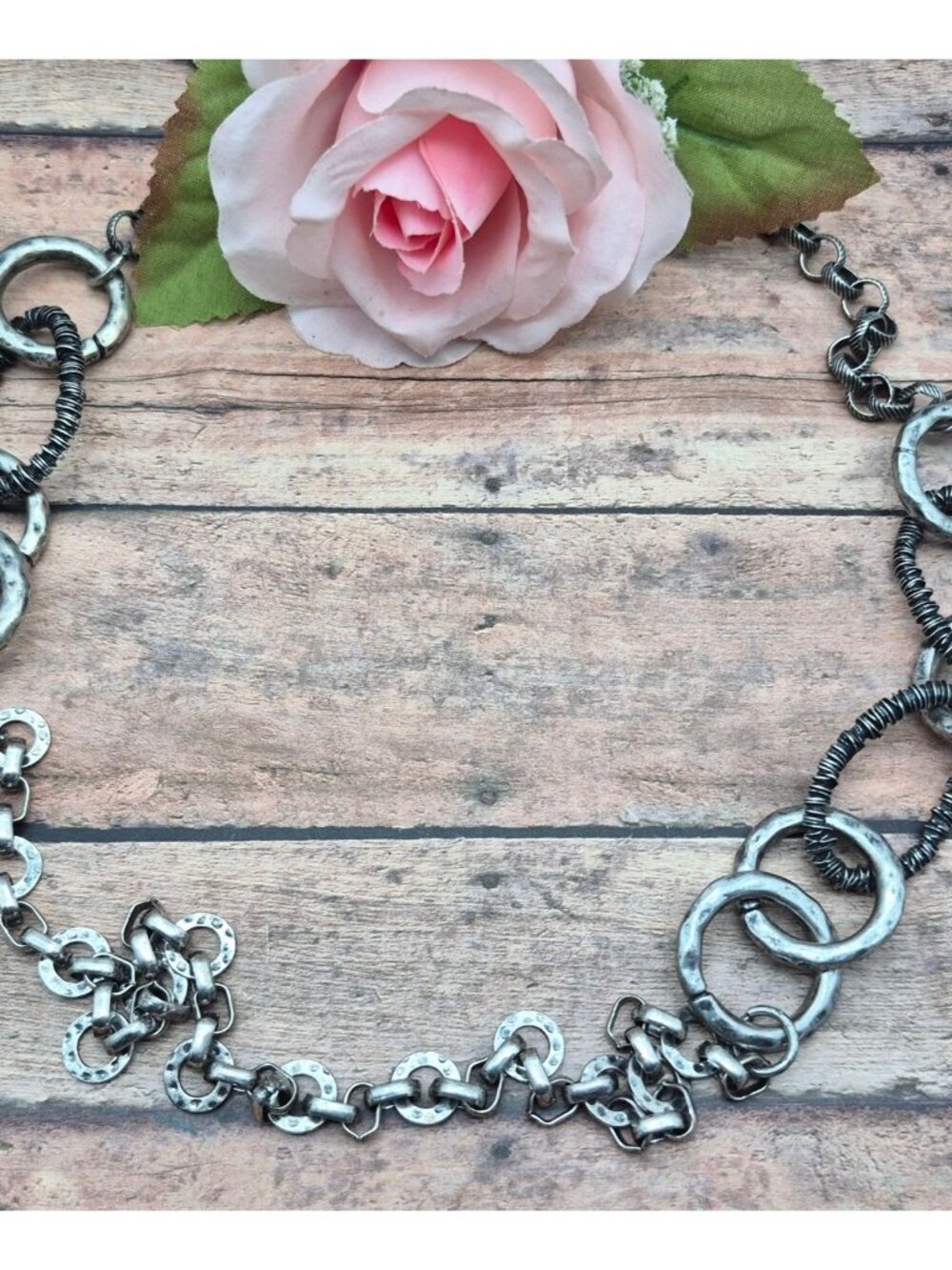 Chicos Long Mixed Metal Chain Necklace Textured Wire-Wrap Rings Antique Silver